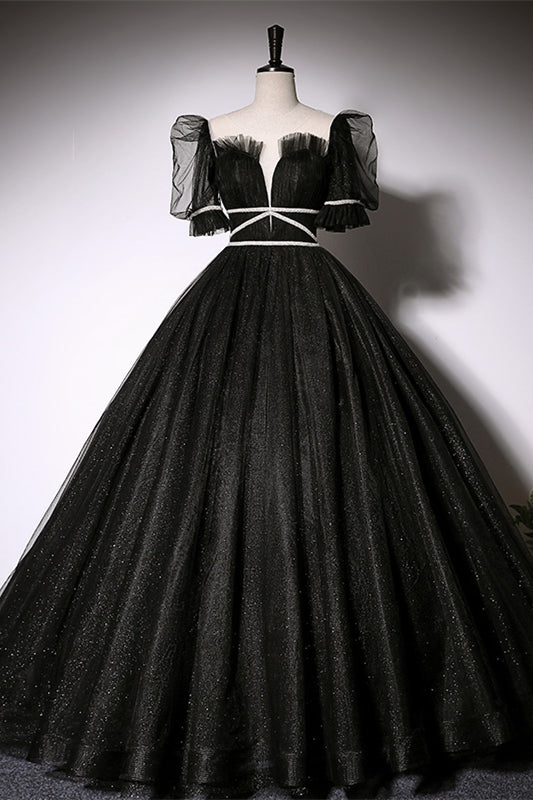 Black Tulle Illusion Neck Puff Sleeves Beaded Long Formal Dress with Button