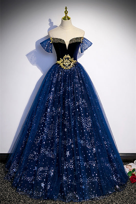 Sweetheart Off-Shoulder Tulle A-Line Sparkly Prom Gown