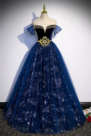 Blue Off-the-Shoulder Lace-Up Tulle Long Formal Dress with Gold Adornment