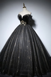 Black Off-the-Shoulder Lace-Up Tulle Long Formal Dress with Gold Adornment