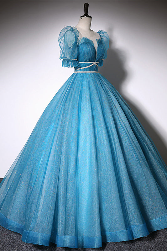 Sky Blue Tulle Illusion Neck Puff Sleeves Beaded Long Formal Dress with Button