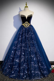 Blue Off-the-Shoulder Lace-Up Tulle Long Formal Dress with Gold Adornment