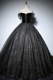 Black Off-the-Shoulder Lace-Up Tulle Long Formal Dress with Gold Adornment