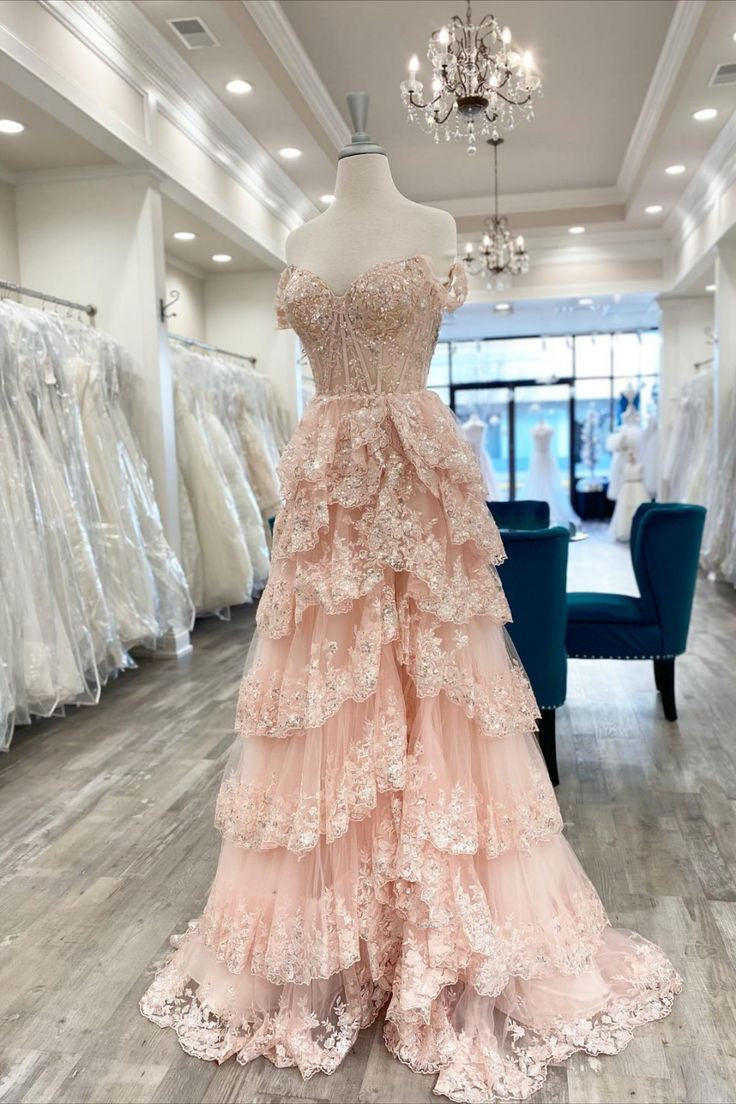 Pink Off-Shoulder Sequined Layers A-line Long Prom Dress with Slit