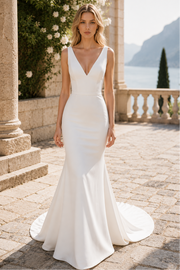 Trumpet V-Neck Sleeveless Open Back Wedding Dress With Train