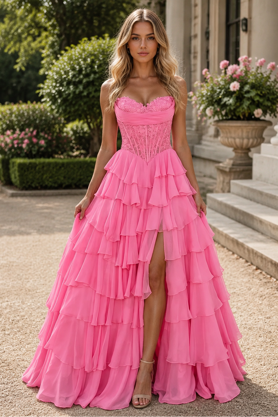 Chiffon A-Line Strapless Empire Tiered Party Prom Dress With Slit