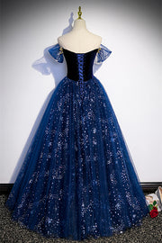 Blue Off-the-Shoulder Lace-Up Tulle Long Formal Dress with Gold Adornment