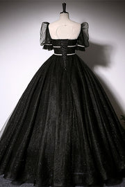 Black Tulle Illusion Neck Puff Sleeves Beaded Long Formal Dress with Button
