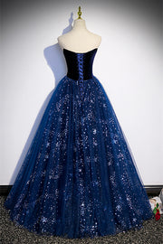 Blue Off-the-Shoulder Lace-Up Tulle Long Formal Dress with Gold Adornment