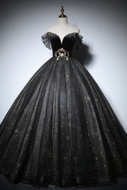 Black Off-the-Shoulder Lace-Up Tulle Long Formal Dress with Gold Adornment