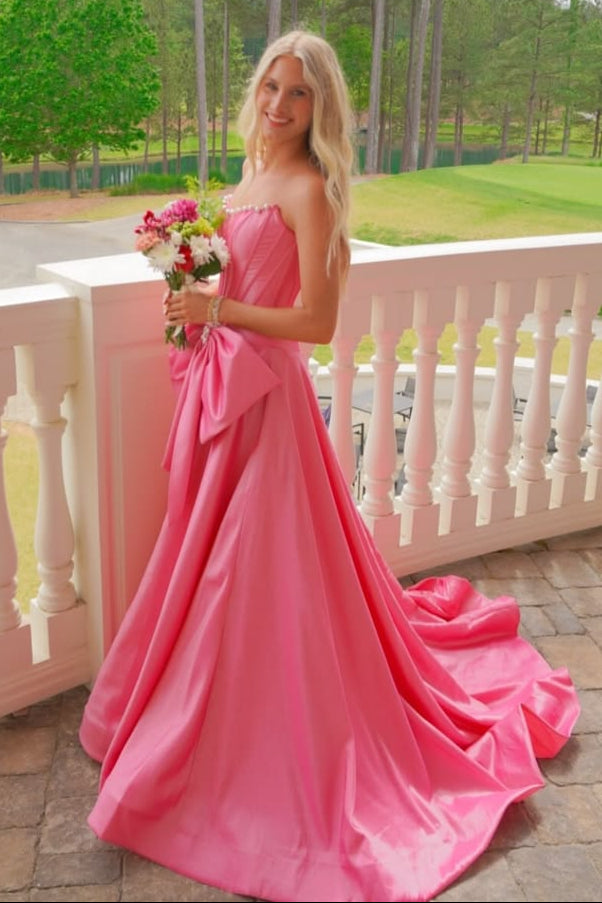 Pretty Satin A-Line Strapless Party Prom Dress With Pearls And Bow