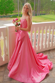 Pretty Satin A-Line Strapless Party Prom Dress With Pearls And Bow