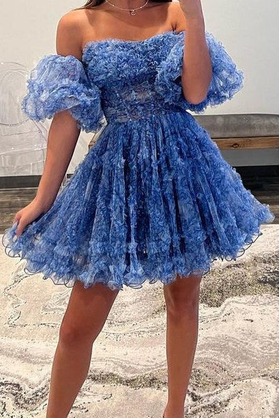 A Line Off the Shoulder Printed Above Knee with Ruffled Beautiful Homecoming Dresses