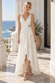 V-Neck Strapless V-Back Satin A-Line Ruffle Wedding Dress With Train
