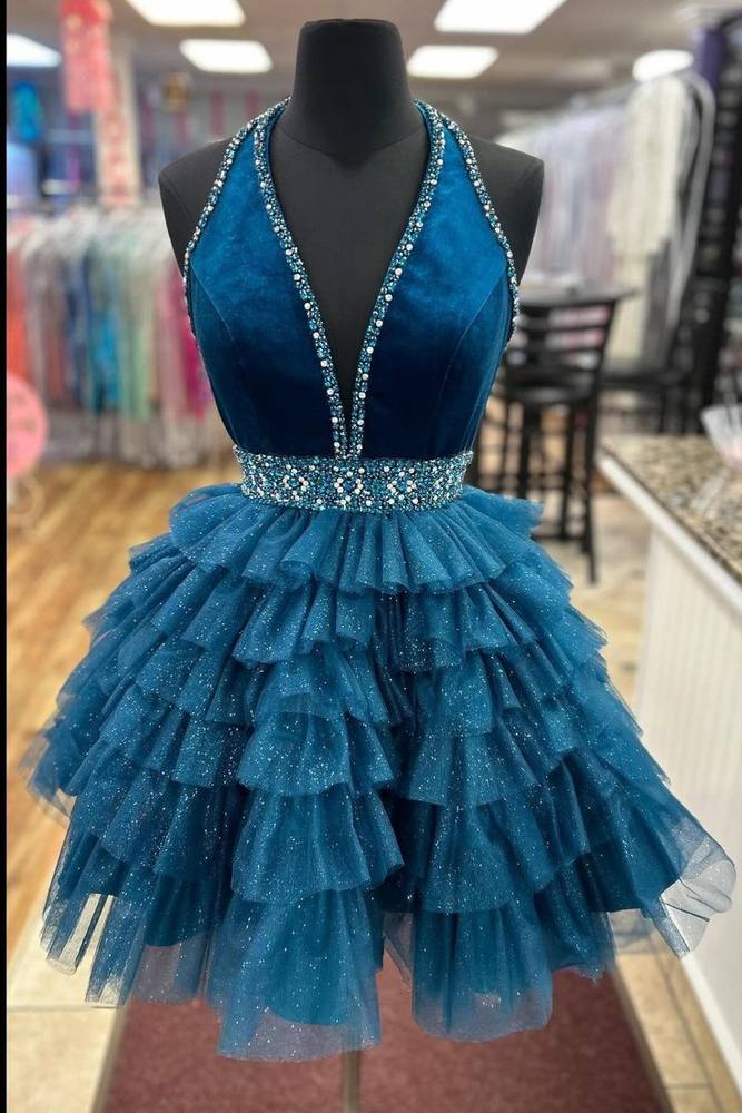 Halter Turquoise Beaded A-line Short Ruffle Homecoming Dress