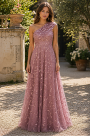 One Shoulder Lace Tulle A-Line Empire Long Mother Of The Bride Dress
