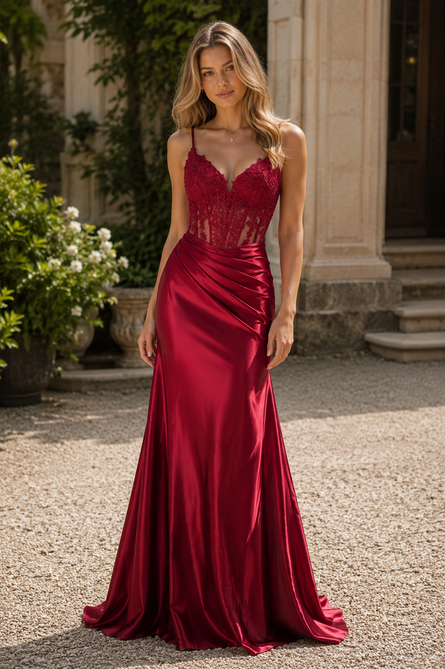 Straps Appliques Satin Mermaid Prom Dress With Slit
