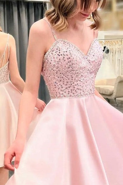 Pink Satin Beaded Short Cute A-Line Backless Party Prom Dress Homecoming Dresses