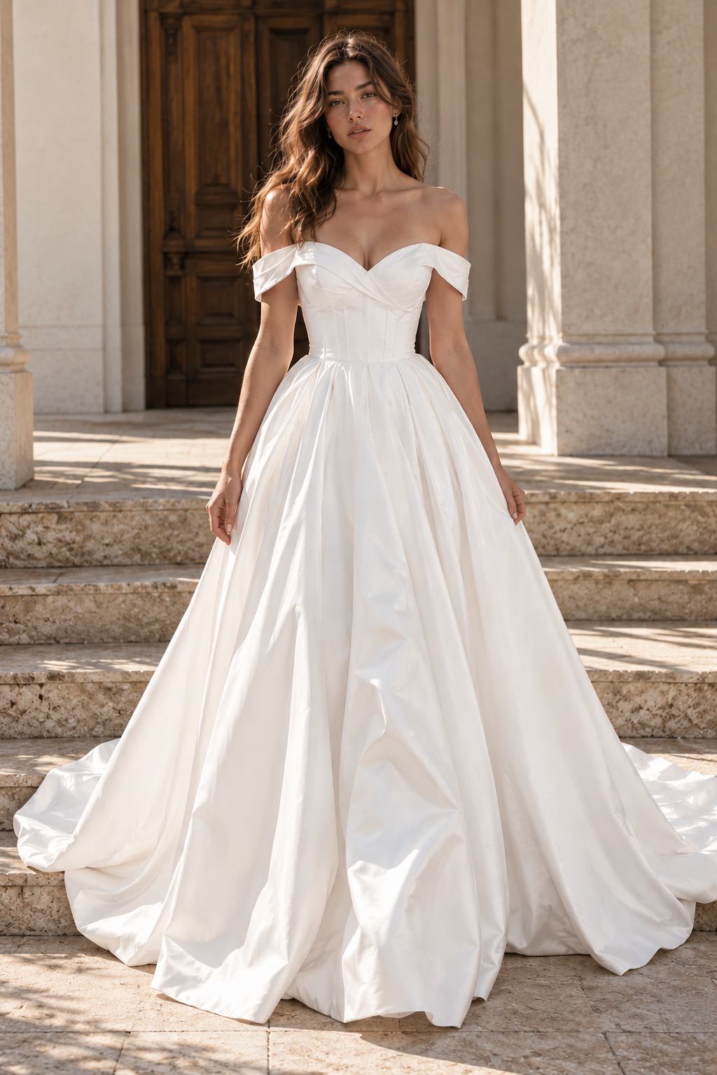 Sweetheart Off-Shoulder Modest Satin A-Line Wedding Dress With Train