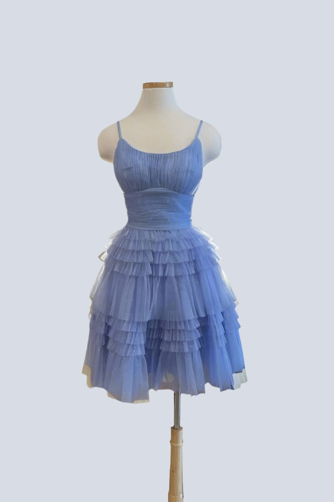 Blue Straps A line Multi-Layers Tulle Homecoming Dress