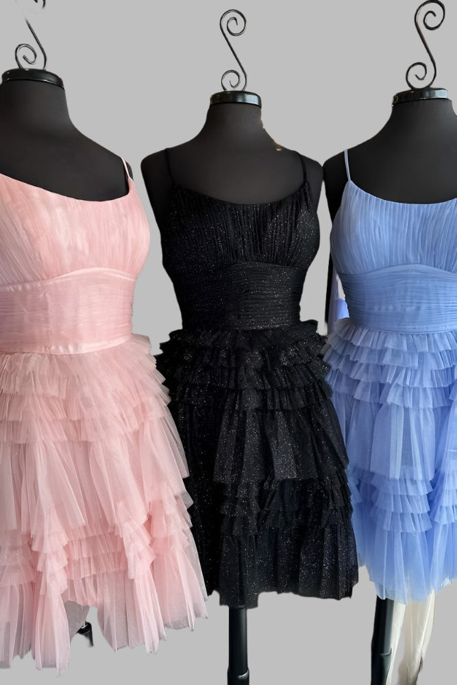 Blue Straps A line Multi-Layers Tulle Homecoming Dress