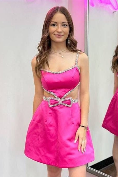 Spaghetti Straps Blue Cutout Homecoming Dress with Bow