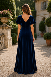 Velvet A-Line V-Neck Bell Sleeves Empire Split Mother Of The Bride Dress