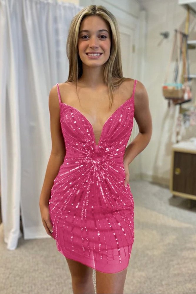 Sparkly Sequined V-Neck Tight Homecoming Dress