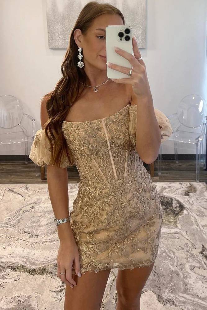 Off the Shoulder Short Champagne Lace Formal Homecoming Dresses