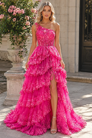 One Shoulder Sleeveless Empire With Train Lace Prom Dress