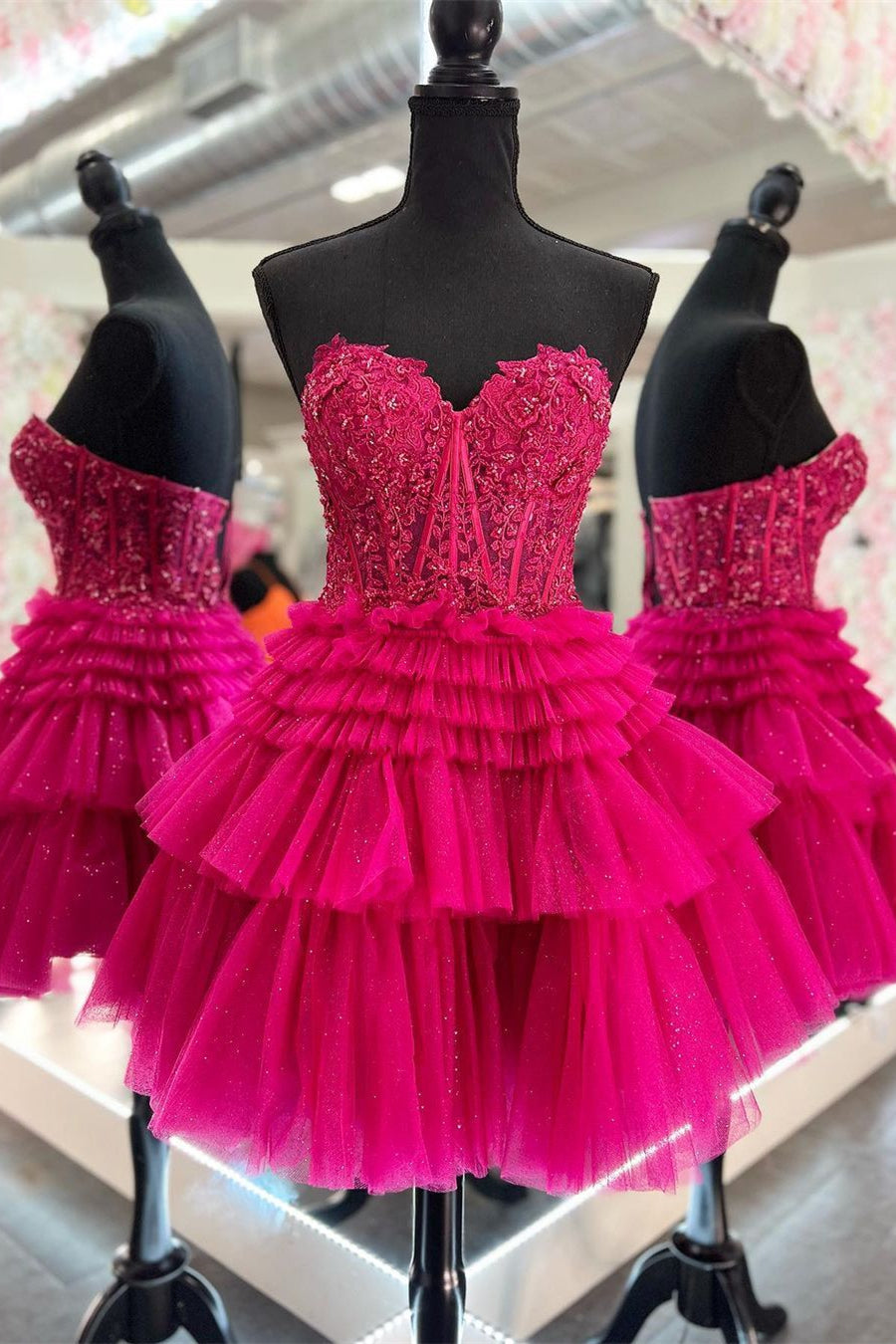 Red Strapless Appliques A-line Multi-Layers Homecoming Dress