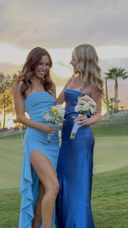 Satin Strapless Empire Ruffled Party Prom Dress With Side Slit