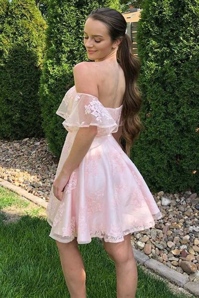 Off the Shoulder Pink Lace Short Prom Dresses Homecoming Dresses