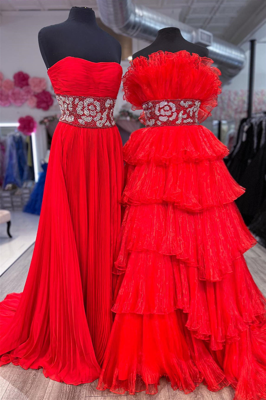 Red Ruffled Strapless Layers Long Prom Dress with Beaded Waistband