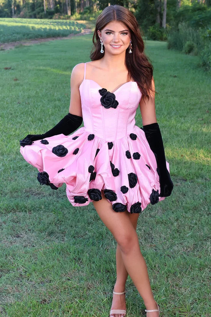 Spaghetti Straps Satin A-Line 3D Florals Homecoming Dress