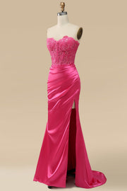 Fuchsia Strapless Appliques Mermaid Long Prom Dress with Slit