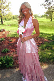 Satin A-Line Tiered V-Neck Sleeveless Prom Dress With Side Slit