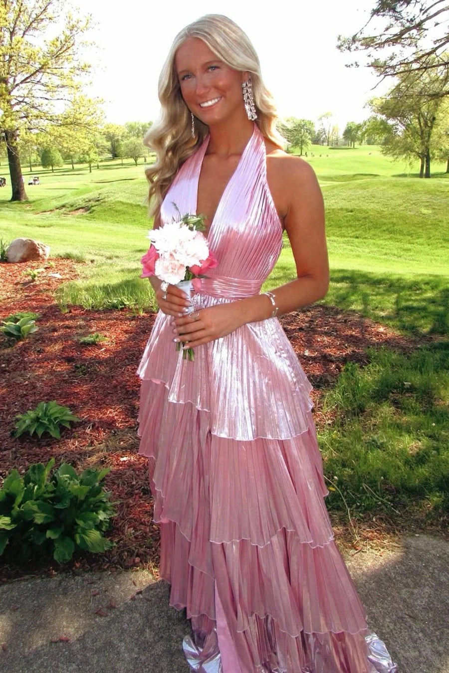 Satin A-Line Tiered V-Neck Sleeveless Prom Dress With Side Slit