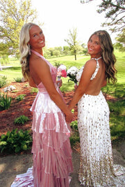 Satin A-Line Tiered V-Neck Sleeveless Prom Dress With Side Slit