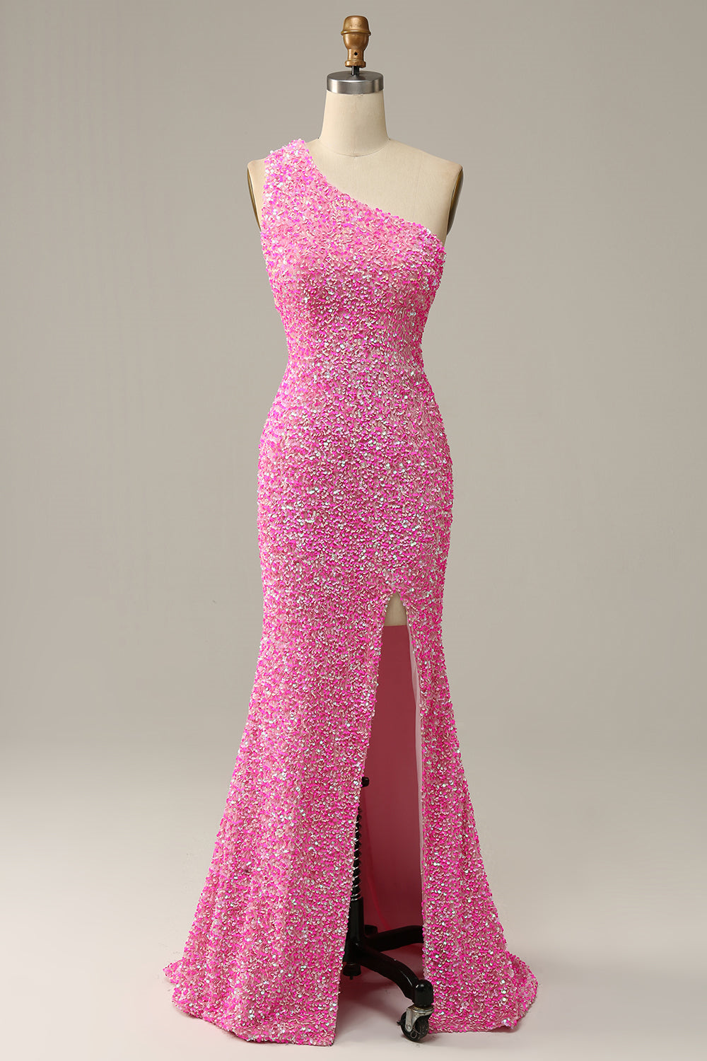 Pink One Shoulder Straps Mermaid Sequins Long Prom Dress with Slit