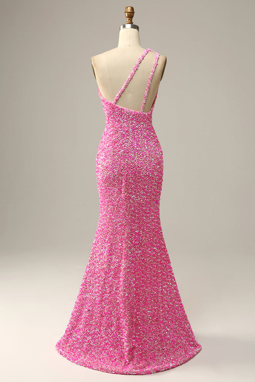 Hot Pink Scoop Neck Mermaid Sequins Long Prom Dress, DP2617 main image 1