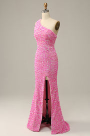 Pink One Shoulder Straps Mermaid Sequins Long Prom Dress with Slit
