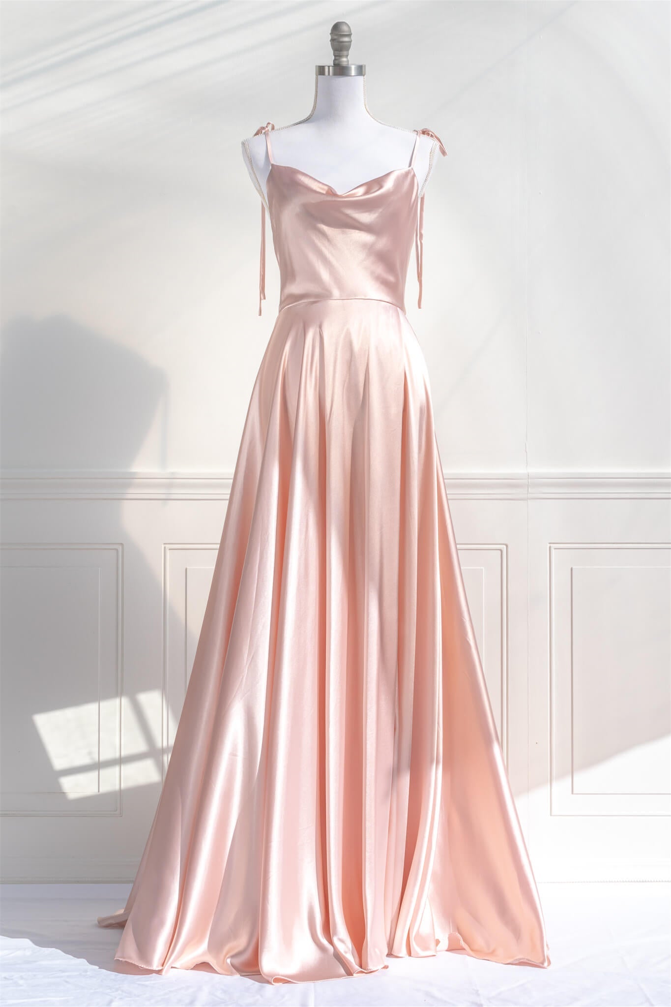 Pink Satin Bow Tie Straps A-line Cowl Neck Long Prom Dress