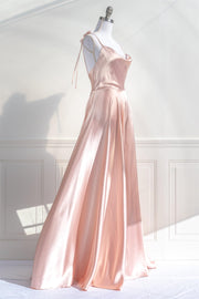 Pink Satin Bow Tie Straps A-line Cowl Neck Long Prom Dress
