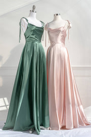 Green & Pink Satin Bow Tie Straps A-line Cowl Neck Long Prom Dress