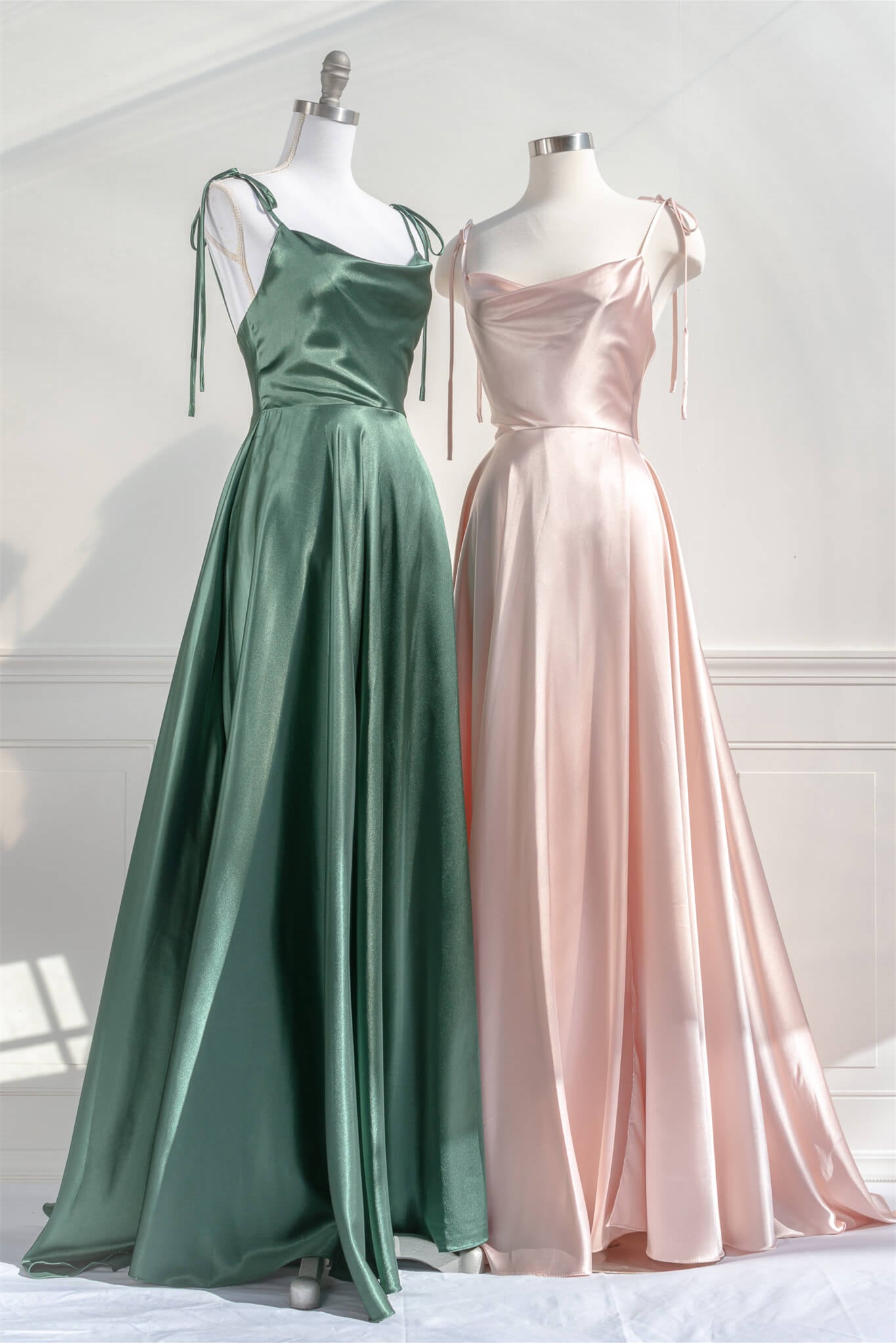 Green & Pink Satin Bow Tie Straps A-line Cowl Neck Long Prom Dress