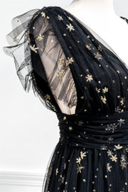 Black Deep V Neck Flutter Sleeves Appliques Long Prom Dress with Slit