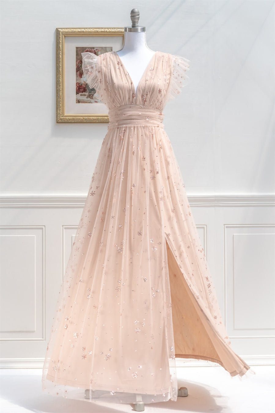 Blush Pink Deep V Neck Flutter Sleeves Appliques Long Prom Dress with Slit