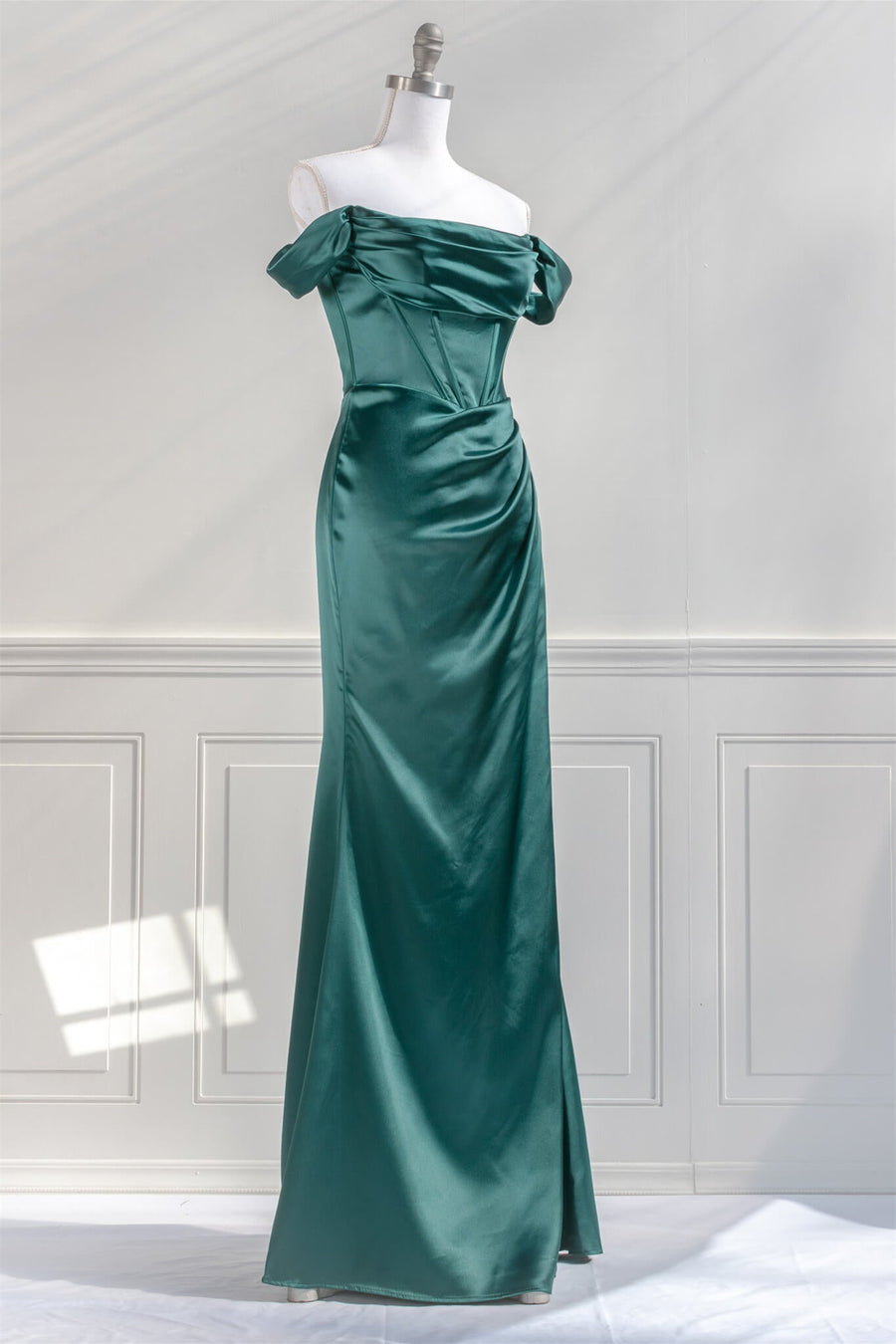 Hunter Green Off-the-Shoulder Satin Mermaid Long Prom Dress with Slit