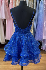 Plunging Neck Royal Blue Sequin Corset A-Line Tiered Short Party Dress